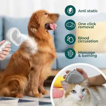 Tiny Hugs 4-in-1 Grooming Tool: Self-Cleaning Brush for Detangling Pet Fur, Steam Feature, and Bath Supplies