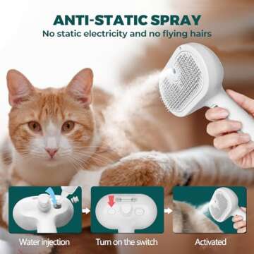 Tiny Hugs 4-in-1 Grooming Tool: Self-Cleaning Brush for Detangling Pet Fur, Steam Feature, and Bath Supplies
