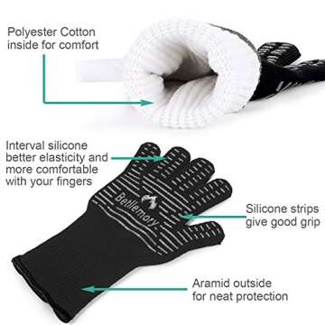 Oven Gloves,932℉ Extreme Heat Resistant BBQ Gloves Grill Gloves,13.5” Anti-Slip Oven Mitts, Durability and Stretchy Aramid Cook&Kitchen&Industrial Heat Treatment Gloves (Black)