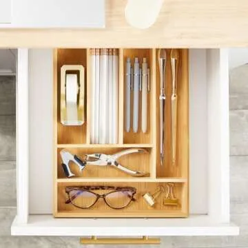 Juvale Bamboo Silverware Drawer Organizer with 6 Slots, Wooden Cutlery Tray Holder for Kitchen, Flatware, Utensils, 14.5 x 10.25 x 1.75 In