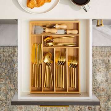 Juvale Bamboo Silverware Drawer Organizer with 6 Slots, Wooden Cutlery Tray Holder for Kitchen, Flatware, Utensils, 14.5 x 10.25 x 1.75 In
