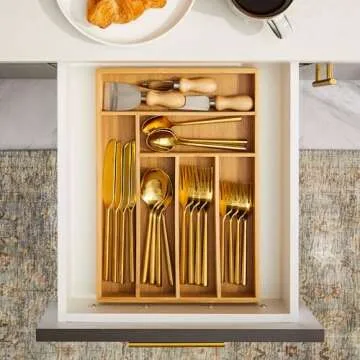 Juvale Bamboo Silverware Drawer Organizer with 6 Slots, Wooden Cutlery Tray Holder for Kitchen, Flatware, Utensils, 14.5 x 10.25 x 1.75 In