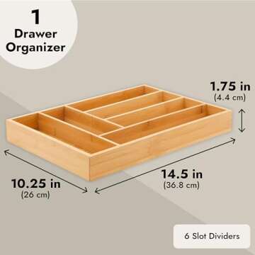 Juvale Bamboo Silverware Drawer Organizer with 6 Slots, Wooden Cutlery Tray Holder for Kitchen, Flatware, Utensils, 14.5 x 10.25 x 1.75 In