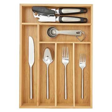 Juvale Bamboo Silverware Drawer Organizer with 6 Slots, Wooden Cutlery Tray Holder for Kitchen, Flatware, Utensils, 14.5 x 10.25 x 1.75 In