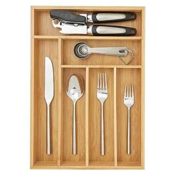 Juvale Bamboo Silverware Drawer Organizer with 6 Slots, Wooden Cutlery Tray Holder for Kitchen, Flatware, Utensils, 14.5 x 10.25 x 1.75 In