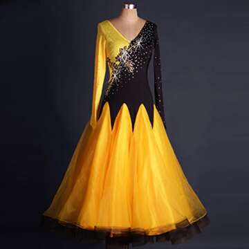 YC WELL Ballroom Dance Dresses Long Sleeve Rhinestone Competition Dresses Waltz Flamenco Dress(L) Yellow