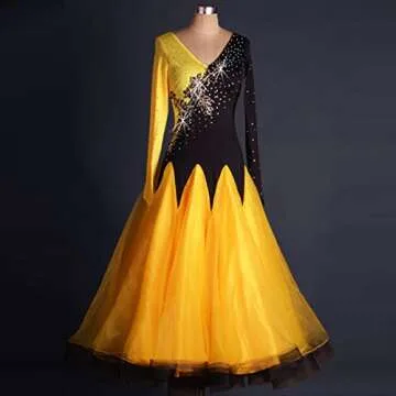 YC WELL Ballroom Dance Dresses Long Sleeve Rhinestone Competition Dresses Waltz Flamenco Dress(L) Yellow