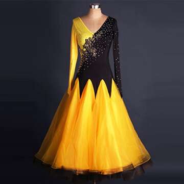 YC WELL Ballroom Dance Dresses Long Sleeve Rhinestone Competition Dresses Waltz Flamenco Dress(L) Yellow