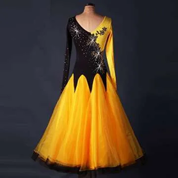 YC WELL Ballroom Dance Dresses Long Sleeve Rhinestone Competition Dresses Waltz Flamenco Dress(L) Yellow