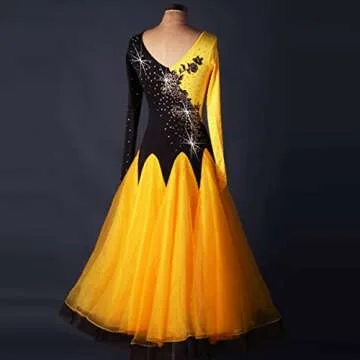 YC WELL Ballroom Dance Dresses Long Sleeve Rhinestone Competition Dresses Waltz Flamenco Dress(L) Yellow