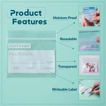 CURRAVAX Pill Bags Pack of 500 - BPA Free 3 x 2.75 inch Pill Pouch - Reusable Pill Pouches for Medic...