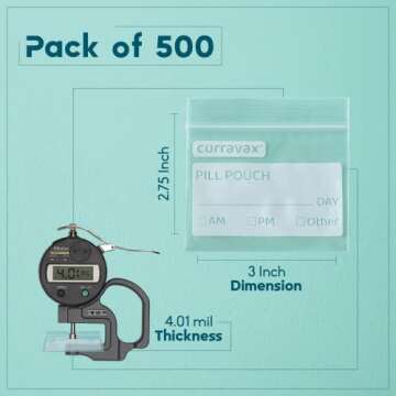 CURRAVAX Pill Bags Pack of 500 - BPA Free 3 x 2.75 inch Pill Pouch - Reusable Pill Pouches for Medicine with Write on Label –Clear Ziplock Pill Baggies for Travel Medicine Organizer