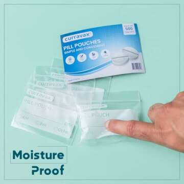 CURRAVAX Pill Bags Pack of 500 - BPA Free 3 x 2.75 inch Pill Pouch - Reusable Pill Pouches for Medicine with Write on Label –Clear Ziplock Pill Baggies for Travel Medicine Organizer
