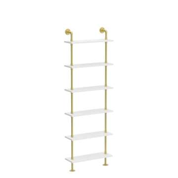 WGX Design For You Industrial 6-Tiers Modern Ladder Shelf Bookcase,Wood Storage Shelf,Display Shelving, Wall Mounted Wood Shelves(Gold)
