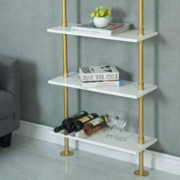 WGX Design For You Industrial 6-Tiers Modern Ladder Shelf Bookcase,Wood Storage Shelf,Display Shelving, Wall Mounted Wood Shelves(Gold)