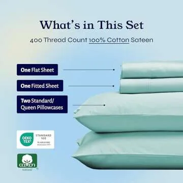California Design Den 100% Cotton Sheets, Softest Queen Sheet Set, 400 Thread Count Sateen, Deep Pockets with All-Around Elastic for a, Cool & Durable Bedding Set - Seafoam