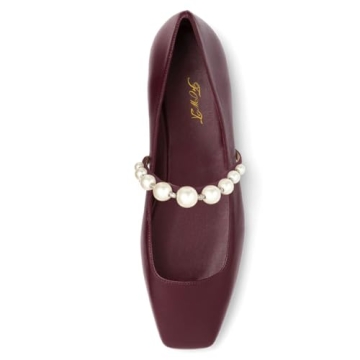 FOWT Women Square Toe Slip on Flats Pearl Studded Strap Elegant Pumps Wedding Bride Prom Dressy Shoes Dark Red Size 8 US