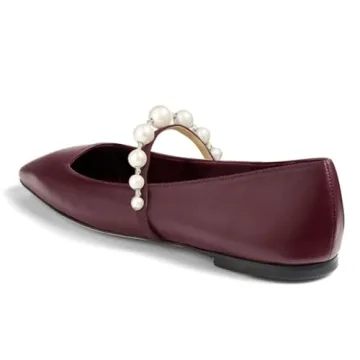 FOWT Women Square Toe Slip on Flats Pearl Studded Strap Elegant Pumps Wedding Bride Prom Dressy Shoes Dark Red Size 8 US