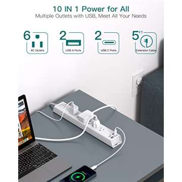 Power Strip Surge Protector with USB C - Flat Plug Extension Cord with 6 AC Outlets 4 USB (2 USB C),...