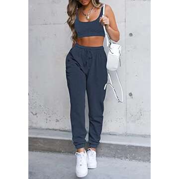 VamJump Women's Sports Bra and High Waist Drawstring Sweatpants Lounge Set,Navy Blue,S