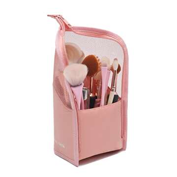 SEEKGREAT Makeup Brush Case Makeup Brush Holder, Travel Waterproof Cosmetic Bag Stand-up Foldable Makeup Cup with Zipper (Pink)