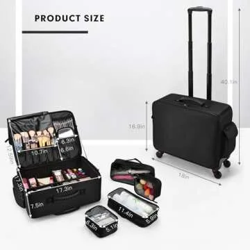 Costravio Rolling Makeup Case Cosmetology Case on Wheels Extra Large Makeup Organizer Case for Hairstylists Nail Tech Makeup Artist Sewing Case Travel Hairdressing Barber Salon Trolley, Black