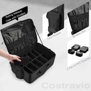 Costravio Rolling Makeup Case Cosmetology Case on Wheels Extra Large Makeup Organizer Case for Hairstylists Nail Tech Makeup Artist Sewing Case Travel Hairdressing Barber Salon Trolley, Black