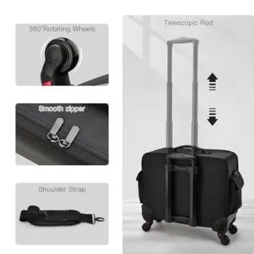 Costravio Rolling Makeup Case Cosmetology Case on Wheels Extra Large Makeup Organizer Case for Hairstylists Nail Tech Makeup Artist Sewing Case Travel Hairdressing Barber Salon Trolley, Black