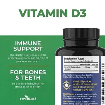 ForestLeaf Vitamin D3 10000IU - Bone Health and Immune Support - Small Easy to Swallow Capsules - Non-GMO Gluten Free VIT D - VIT D3 Vitamin D Supplements for Women and Men, 180 Count