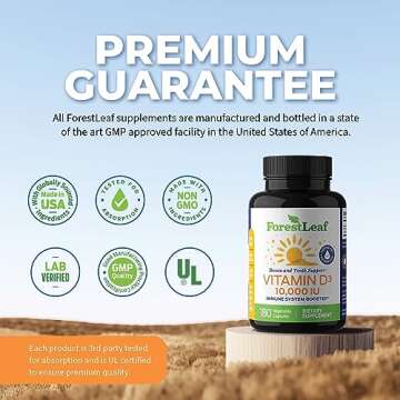 ForestLeaf Vitamin D3 10000IU - Bone Health and Immune Support - Small Easy to Swallow Capsules - Non-GMO Gluten Free VIT D - VIT D3 Vitamin D Supplements for Women and Men, 180 Count