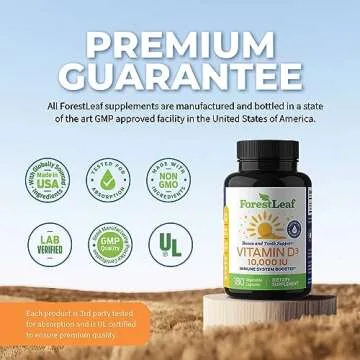 ForestLeaf Vitamin D3 10000IU - Bone Health and Immune Support - Small Easy to Swallow Capsules - Non-GMO Gluten Free VIT D - VIT D3 Vitamin D Supplements for Women and Men, 180 Count