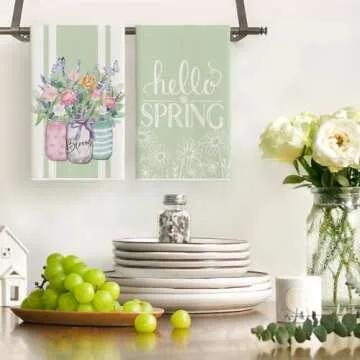 Artoid Mode Green Tulip Violets Flowers Spring Kitchen Towels Set, 18x26 Inch