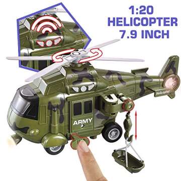 5 Pack Friction Powered Truck Toy Set(8 Inch) Including Garbage Truck, Construction Truck, Fire Truck, Police Car, Helicopter, All with 4D Stunning Light and Sound, Vehicles Toys for Boy Toddler Kid