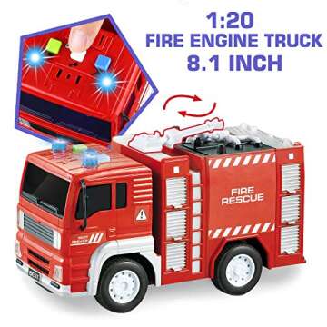5 Pack Friction Powered Truck Toy Set(8 Inch) Including Garbage Truck, Construction Truck, Fire Truck, Police Car, Helicopter, All with 4D Stunning Light and Sound, Vehicles Toys for Boy Toddler Kid