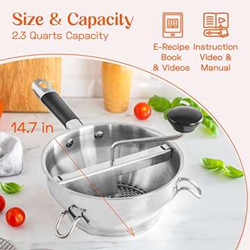 Food Mill Stainless Steel With 3 Milling Discs - Rotary Food Mill For Tomato Sauce, Apple Sauce, Puree,Mashed Potatoes, Jams, Baby Food - Bowl and Soft Silicone Handle - Ergonomic Design