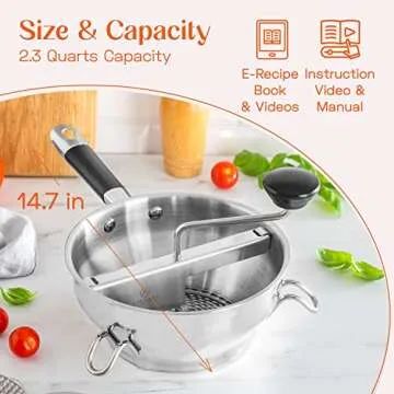 Food Mill Stainless Steel With 3 Milling Discs - Rotary Food Mill For Tomato Sauce, Apple Sauce, Puree,Mashed Potatoes, Jams, Baby Food - Bowl and Soft Silicone Handle - Ergonomic Design