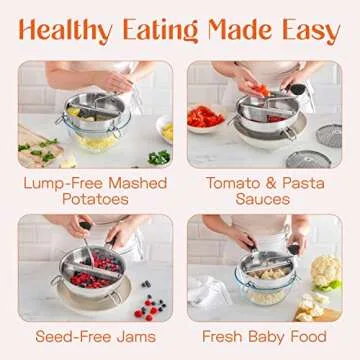 Food Mill Stainless Steel With 3 Milling Discs - Rotary Food Mill For Tomato Sauce, Apple Sauce, Puree,Mashed Potatoes, Jams, Baby Food - Bowl and Soft Silicone Handle - Ergonomic Design