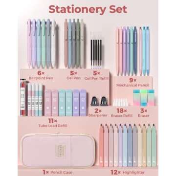 Four Candies 56 PCS Aesthetic School Supplies with Large Pencil Case, 6 Colored Ballpoint Pens, 12 P...
