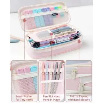 Four Candies 56 PCS Aesthetic School Supplies with Large Pencil Case, 6 Colored Ballpoint Pens, 12 Pastel Highlighters, 5 Black Ink Gel Pens, 9 Mechanical Pencils 0.5-2.0mm Student Essentials (Pink)