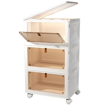 3 Tier Stackable Storage Bins with Lids, 23Qt Plastic Storage Containers with Magnetic Doors & Wheel...