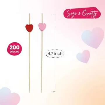 Valentine Picks - Heart Toothpicks for Appetizers, Set of 200-4.7" Heart Skewers for Valentine's Day, Galentine's, and Food Decorations - Cocktail Picks For Garnish