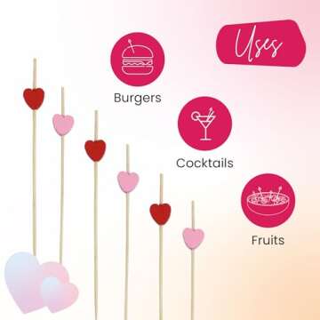 Valentine Picks - Heart Toothpicks for Appetizers, Set of 200-4.7" Heart Skewers for Valentine's Day, Galentine's, and Food Decorations - Cocktail Picks For Garnish