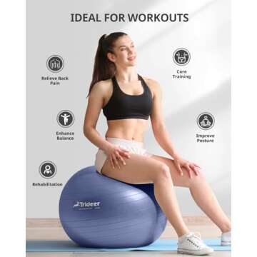 Trideer Yoga Ball - Exercise Ball for Workout pilates Stability - Anti-Burst and Slip Resistant for physical therapy, Birthing, Stretching & Core Workout, Office Ball Chair, Flexible Seating, Home Gym