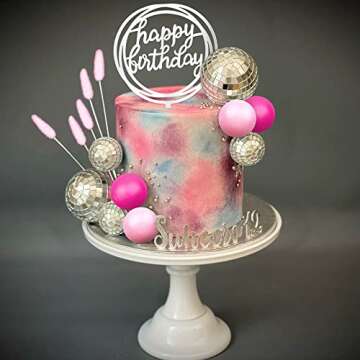 Disco Balls Cake Toppers Mirror Balls with Boho Stars Cake Decorations for 70s 80s Disco Dance Party Saturday Night Fever Supplies (Pink)