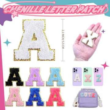 WNSIRVY 52 Pcs Chenille Letter Patches Self Adhesive Iron On Patches for Backpacks, 2.17 Inch Glitte...