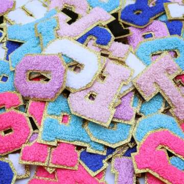 WNSIRVY 52 Pcs Chenille Letter Patches Self Adhesive Iron On Patches for Backpacks, 2.17 Inch Glitter Letter Stickers Preppy Varsity Chenille Patches for Clothing Jackets Hat Laptop (White Letters)
