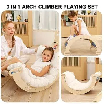 Ymonlia 2 in 1 Montessori Climbing Arch for Toddlers,Rainbow Wooden Climbing Arch Rocker& Cushion,Climbing Triangle Ramp,Montessori Climbing Gym for Kids 0-8