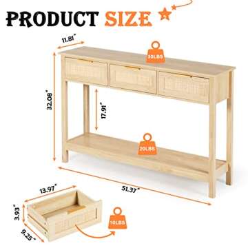 LAZZO 51" Console Table, Oak Grain Sofa Table with Wood Frame, Rustic Hallway Table with 3 Bamboo We...