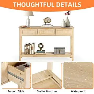 LAZZO 51" Console Table, Oak Grain Sofa Table with Wood Frame, Rustic Hallway Table with 3 Bamboo Weaving Storage Drawers and Shelf for Foyer Living Room Entryway