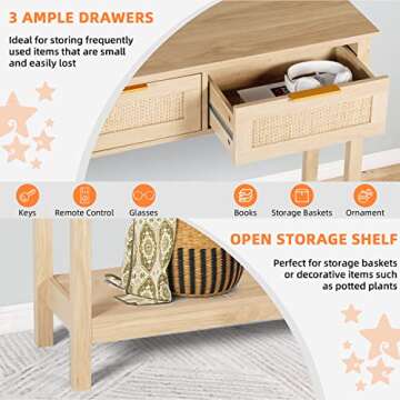 LAZZO 51" Console Table, Oak Grain Sofa Table with Wood Frame, Rustic Hallway Table with 3 Bamboo Weaving Storage Drawers and Shelf for Foyer Living Room Entryway